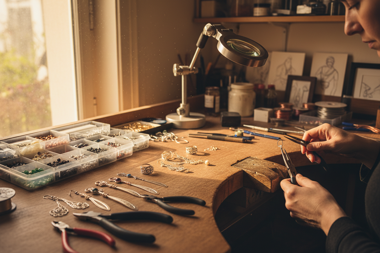 Génere un atelier ou sont Fabriquée avec soin et inconditionnellement des bijoux types boucles d"oreille, bague de lecture et marque page.appréciée par nos clients, vos produits sont réalisés ici.